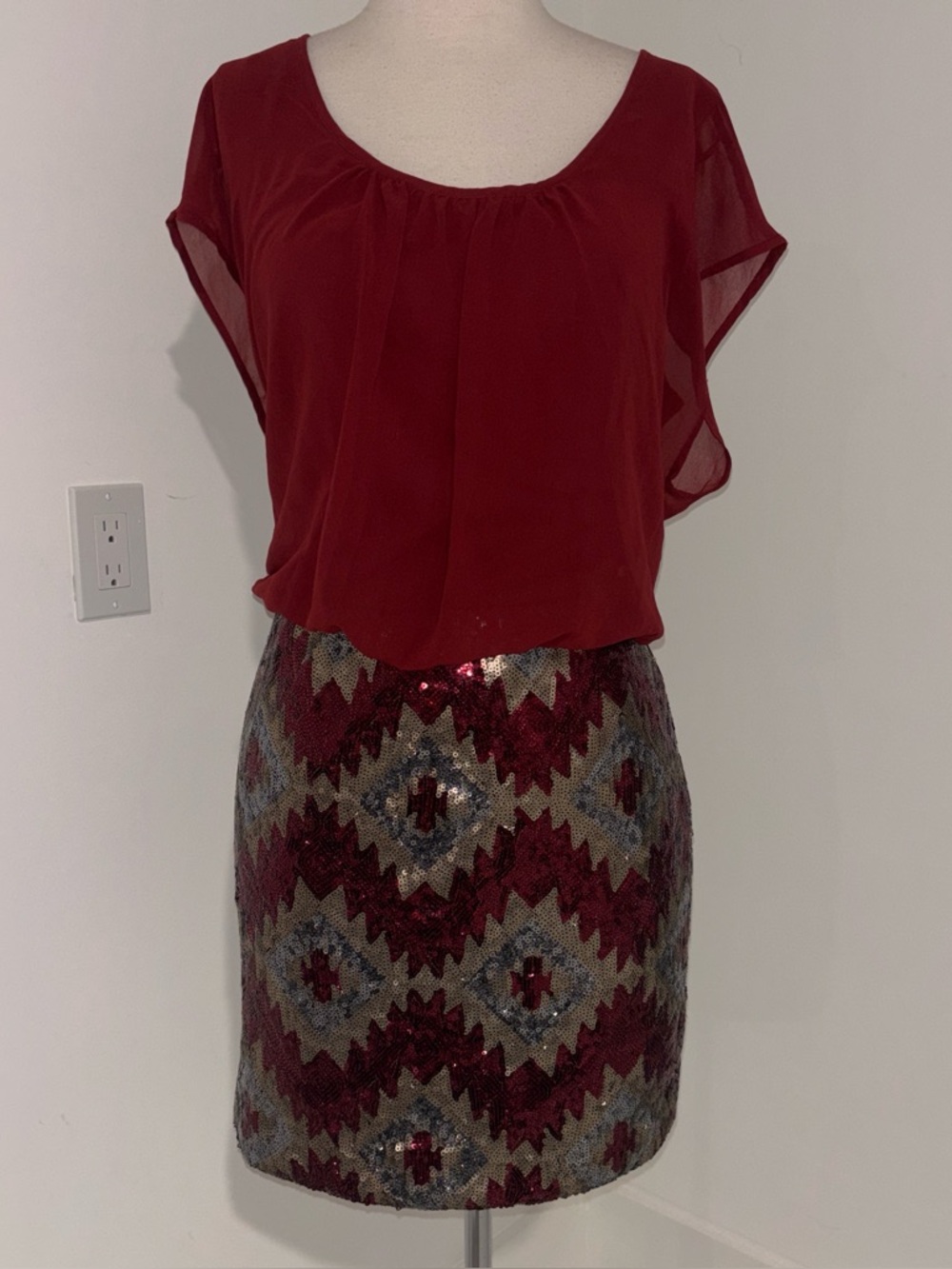 Luxology Red and Metallic Sequin Chevron Pencil Skirt #214